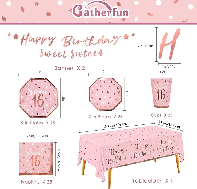 Rose Gold & Pink Sweet 16 Birthday Bundle: Party Supplies Set with paper Plates, Napkins, Cups, Tablecloth & Banner - Sweet Sixteen Decorations, Party Favors ，Serves 25