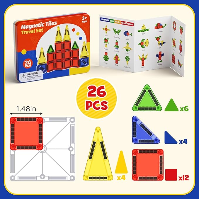 WMXDU Mini Magnetic Tiles with Iron Case, Magnetic Building Toys Kid's Travel Essential Portable Creativity On-The-Go Magnet Blocks STEM Travel Toys for Toddler Boys Girls Ages 3+, 26-Piece