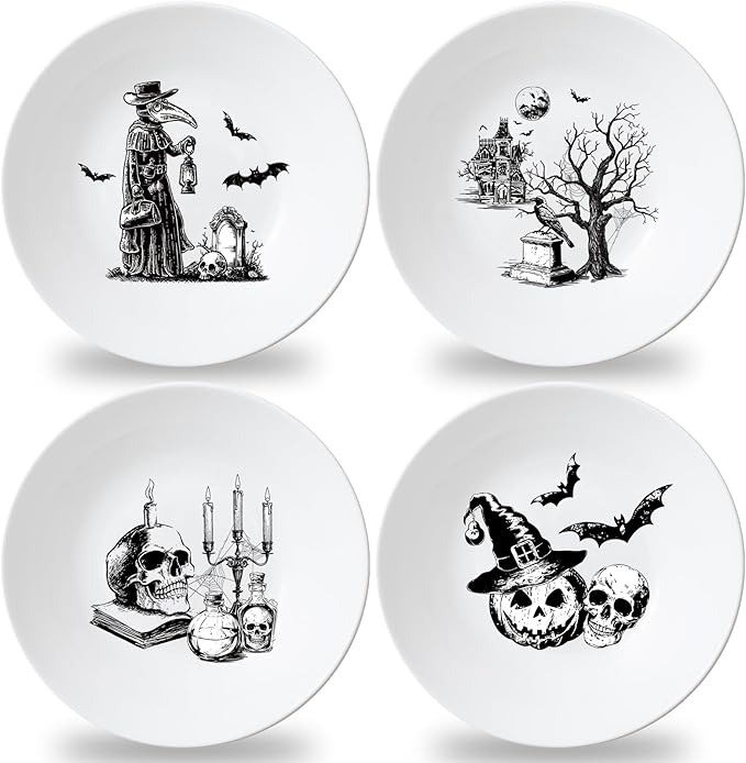 4 Set 10 Inch Halloween Gothic Plates Melamine Halloween Dinnerware Set Reusable Skull Candle Bat Tombstone Crow Melamine Plate Dishwasher for Toddlers Creatively Drop Resistant Cute Plastic Dish