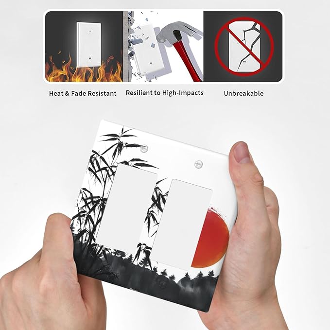 Decorative Outlet Covers Artistic Describe Black Bamboo Japanese Red Sun 2 Gang Wall Plate Double Rocker Switch Light Switch Plate Covers Jumbo Dual Electrical GFCI Switch Cover Plate