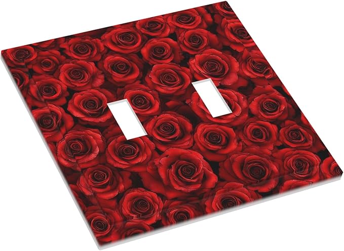 Lush Red Roses Double Toggle Switch Cover - 2-Gang Standard US Size Romantic Rose Bouquet Light Switch Covers for Bedroom Powder Room Decor
