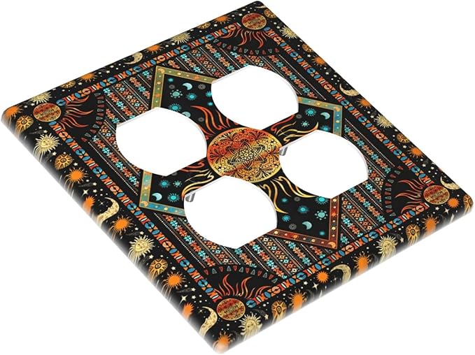 Decorative Outlet Covers Boho Burning Sun Moon Hippie Retro Bohemian Gypsy 2 Gang Wall Plate Single Toggle 1 Rocker Light Switch Cover Switch Plate Covers Faceplate for Home Decor