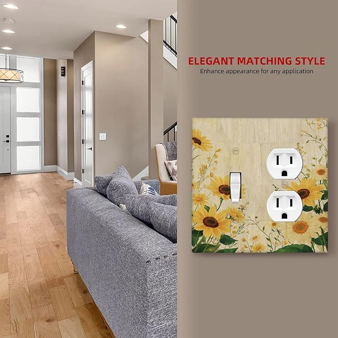 Decorative Switch Cover Plate with Vintage Botanical Sunflower Field Design Toggle Duplex Wall Plate 2 Gang Light Switch Cover Outlet Covers for Nature Yellow Blooms Wall Decor