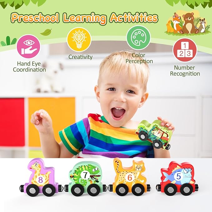 Zeoddler Toys for Toddlers, 11 Magnetic Wooden Animals Train Set, Montessori Toys for Toddlers, Learning Activities, Sensory Activities for Kids, Birthday Gifts for Boys, Girls