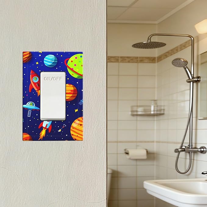 Planets, Rockets & Aliens Single Rocker Switch Cover - 1-Gang Standard US Size Astronaut Cosmic Adventure Light Switch Covers for Boy's Bedroom Decor