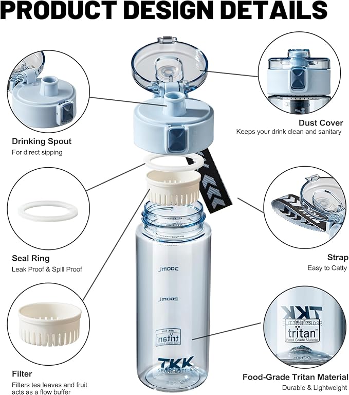 TKK Sports Water Bottle, 17oz Tritan Kid Jug with Leak Proof Lid & Handle Strap & Built-In Infuser - BPA-Free, Easy-Clean Design for Gym, Office & Outdoor Travel, Blue
