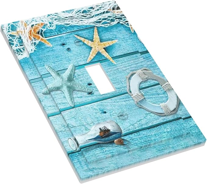Turquoise Teal Fishing Net Wood Plank 1 Gang Light Switch Plate Decorative Single Toggle Wall Plate Cover Electrical Switchplate Faceplate for Bedroom Room Decorate Jumbo