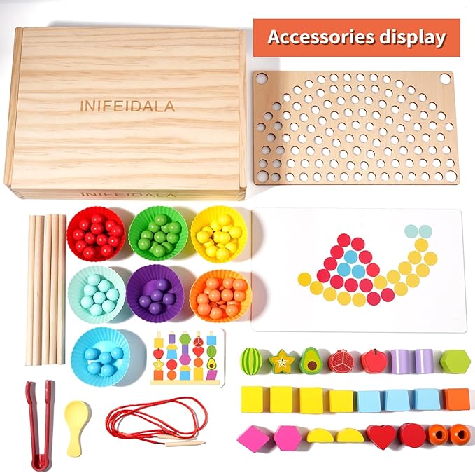 INIFEIDALA Montessori Toys for 3 4 5 Year Old, Stacking Blocks, Lacing Beads & Shape Stacker, Wooden Peg Board Beads Set, Fine Motor Skills & STEM Preschool Learning Gifts for Toddlers Boys & Girls