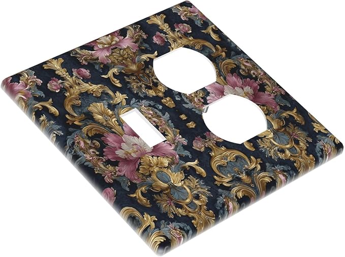 Decorative Outlet Covers Rococo Pink Floral Flower Gold Leaf 2 Gang Light Switch Cover Plate Single Toggle Duplex Wall Plates for Electrical Outlets Switch Plate Covers for Home Decor