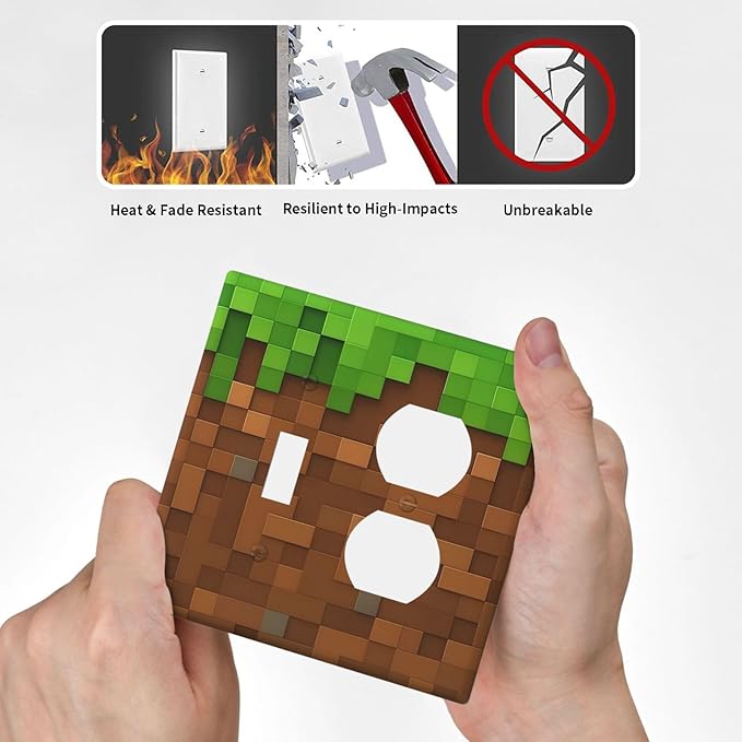 Pixel Style Gamer Themed Grass Block Wallplates 1 Toggle 1 Duplex Switch Plate Electrical GFCI Faceplate Decorative Light Switch Covers for Kids Room Office Home Decor