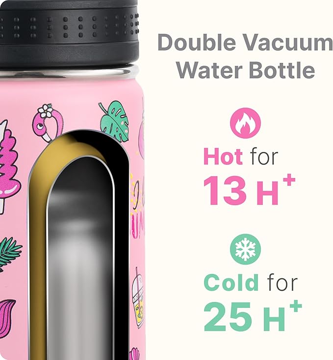 16 oz Water Bottle-Stainless Steel Double Walled Vacuum Insulated Water Bottle for Girls School-BPA Free, Flamingo Pink