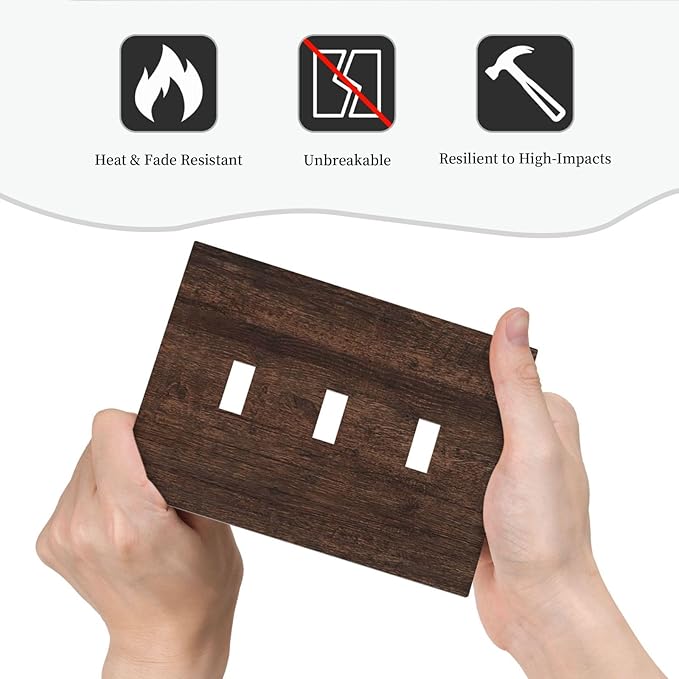 Decorative Switch Plate Cover with Rustic Dark Wood Grain & Vintage Style Design 3 Gang Artistic Wall Plate Unique Triple Toggle Light Switch Covers for Kitchen/Living Room