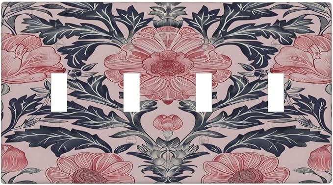 Pink Floral Vintage Botanical Boho Flower Light Switch Covers Quad Toggle Electrical Faceplate 4 Gang Wall Plate Decorative Switch Plates Cover for Farmhouse Home Decor