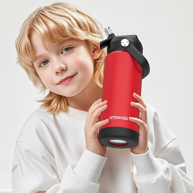 Kids Water Bottle with Straw,18 oz Boys Insulated Cups with Stainless Steel Leak Proof for School,Sport&Travel（Red）