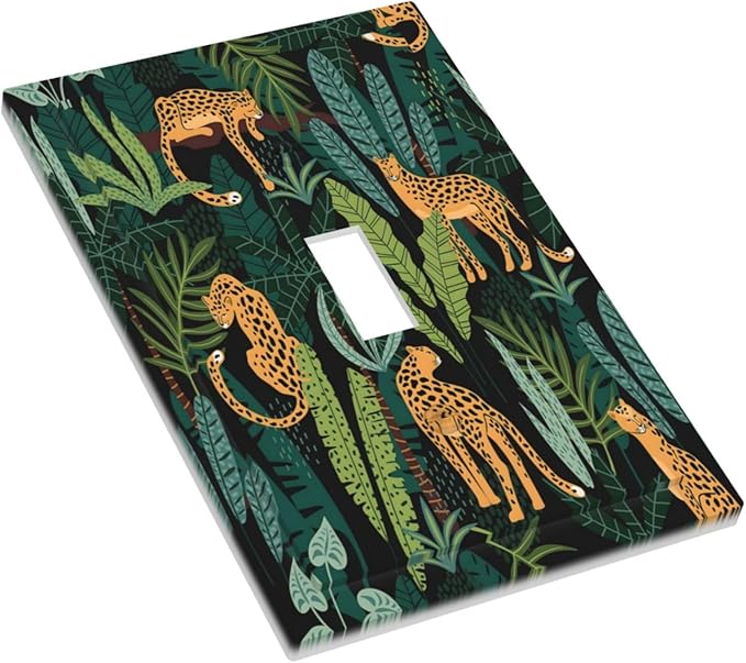 Jungle Cheetah Tropical Wildlife Leopard Green Palm Leaf Decorative Light Switch Cover 1 Gang Single Toggle Device Electrical Faceplate Switchplates Decorator Outlet Wall Plate for Farmhouse Home