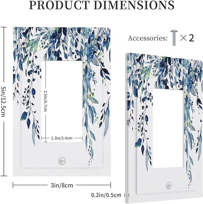Blue Eucalyptus Watercolor Leaves 1 Gang Rocker Light Switch Plate Green Plant Single Decora Outlet Wall Plate Cover Faceplate Decorative Switchplate GFCI for Bathroom Living Room Bedroom Decorate