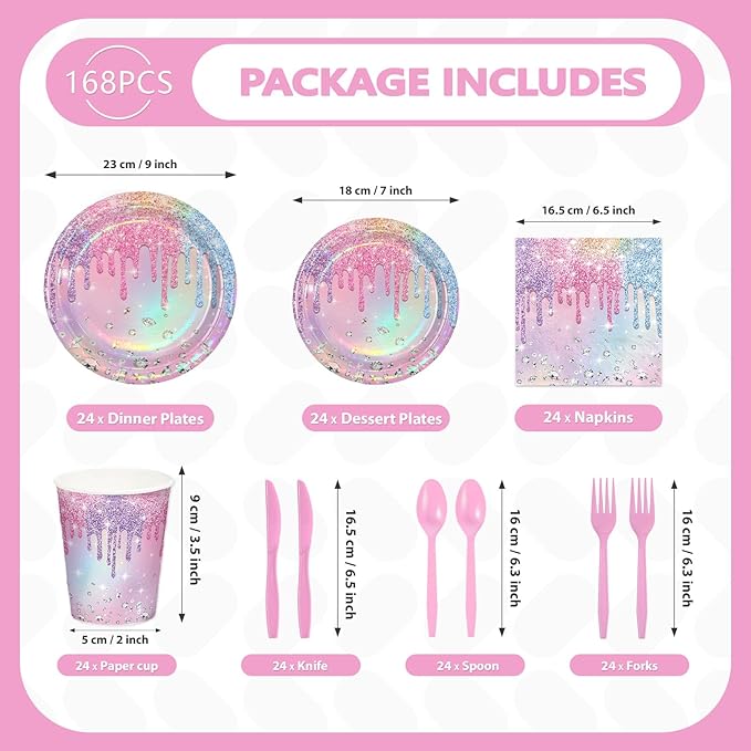 168Pcs Iridescent Birthday Party Supplies Pink Purple Pastel Colorful Diamond Plates and Napkins Cups Rainbow Tableware Set for Girls Bridal Baby Shower Sparkle Bachelorette Wedding Supplies Serve 24