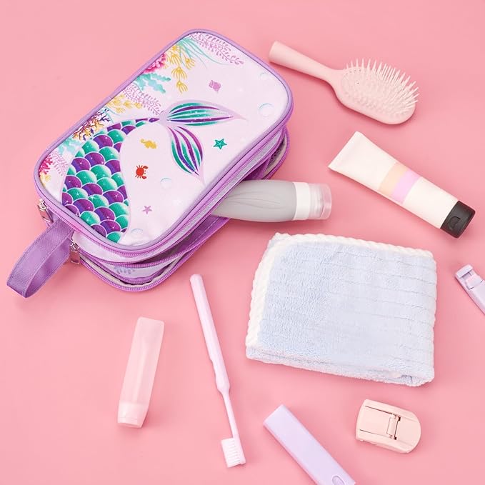 Mermaid Toiletry Bag - Kids Toiletry Bag for Girls Christmas Birthday Gift Camping Travel Toiletry Case Toiletries Makeup Cosmetic Pouch Pink Water-resistant Wash Bag Dopp Kit with Mesh Pocket