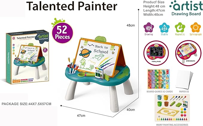 Kids Drawing Board Art Easel Toy Double Sided Chalkboard & Whiteboard Tabletop with Ludo Snakes Ladders Board Games, Dry Erase Markers, Chalk - Birthday Gift Toddler Boys Girls