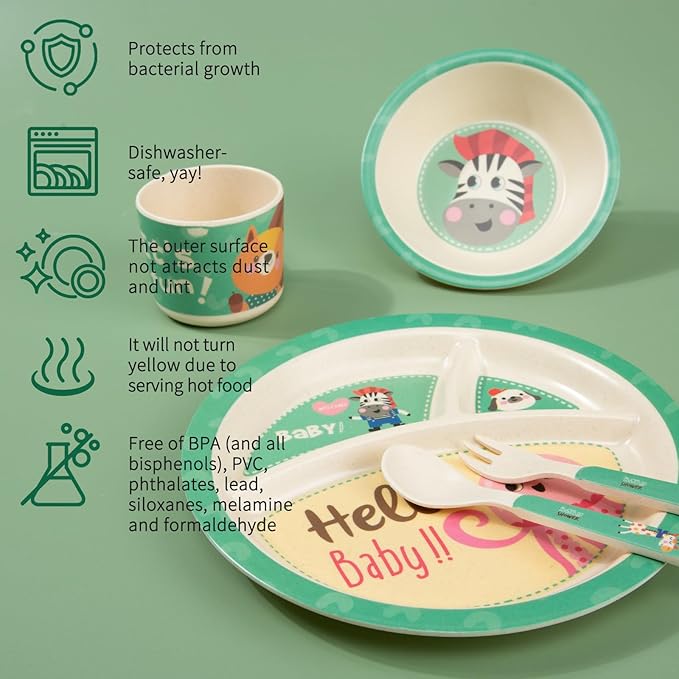 Kids Dinnerware Set, 5-Piece Mealtime Tableware for Children & Toddlers – Includes Divided Plate, Bowl, Cup, Fork & Spoon – Natural Bamboo Fiber, BPA-Free, Dishwasher Safe (Zebra)