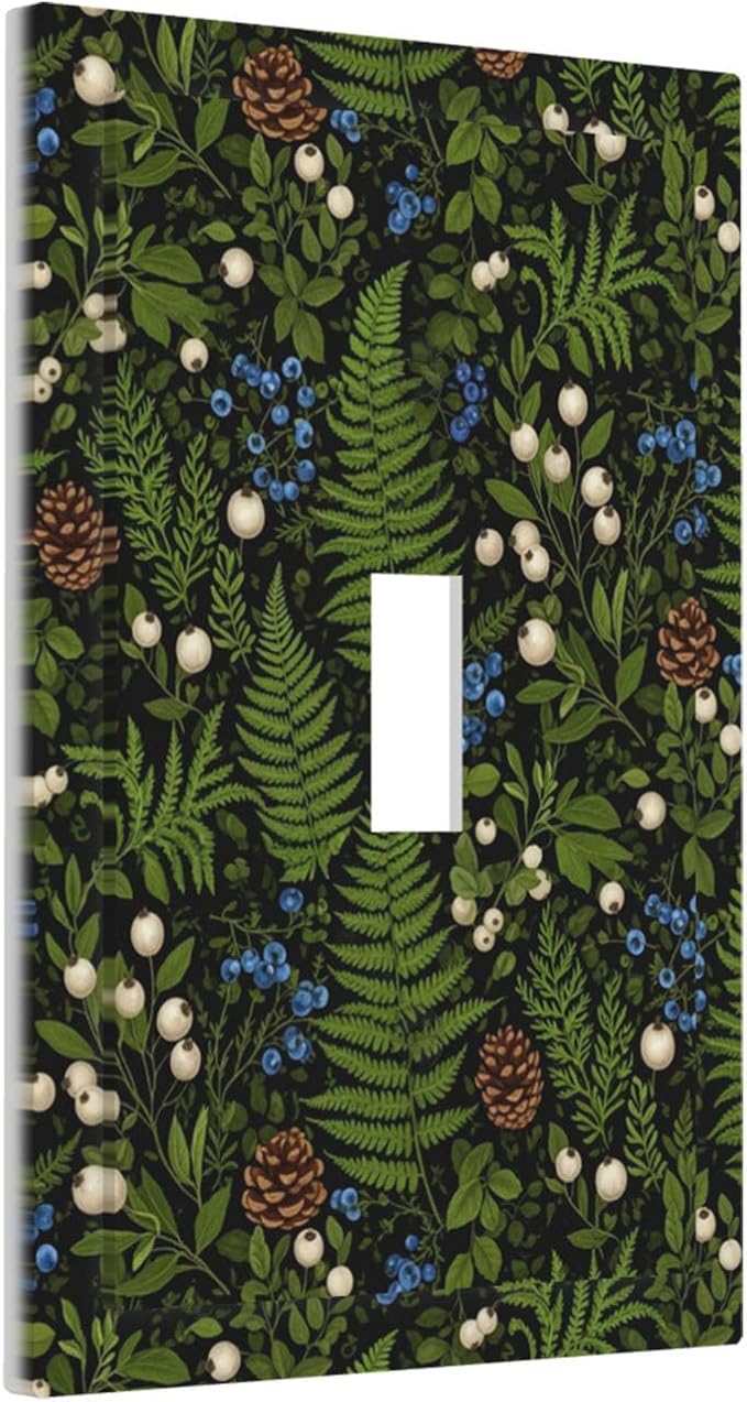Mystical Forest Floor 1-Gang Toggle Light Switch Plate, Dark Botanical Fern & Berry Cottagecore Woodland Decorative Wall Plate for Farmhouse Home Decor