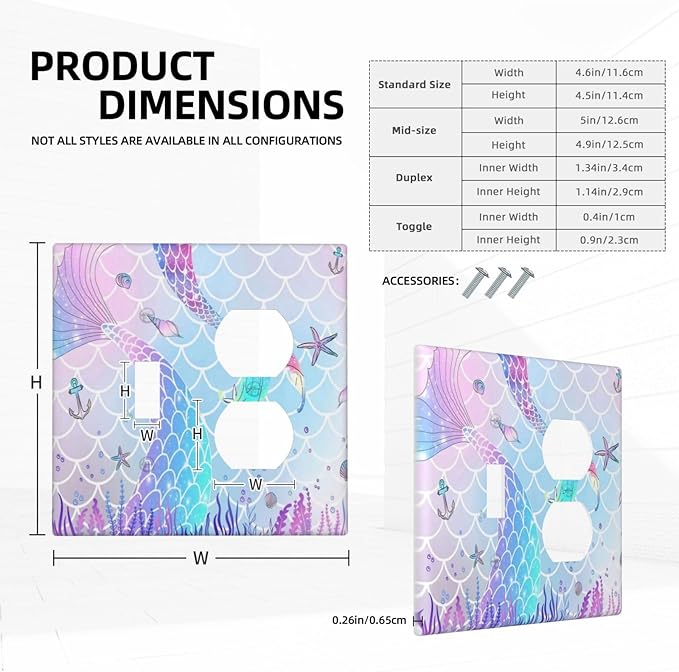 Cute Cartoon Purple Pink Mermaid Scales Tail 2-Gang Combination Wall Plate 1 Toggle 1 Duplex Receptacle Outlet Cover Kids Girls Room Ocean Theme Decorative Combo Device Light Switch Faceplate Cover