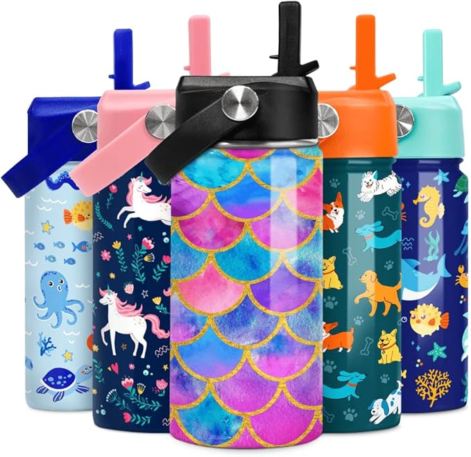 Mermaid Water Bottle for Girls Kids Kid Insulated Water Bottles 12oz Stainless Steel Travel School Tumbler Double Wall Vacuum Cup with Straw