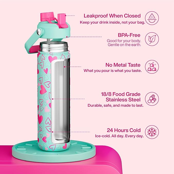 ENCOOL Valentine's Day Insulated Water Bottle with Straw Stainless Steel Water Bottle, Leak-Proof, BPA-Free, Keeps Cold for 24 Hours for Sports, Travel, School (26 oz, Sweet Hearts Pink x Mint)