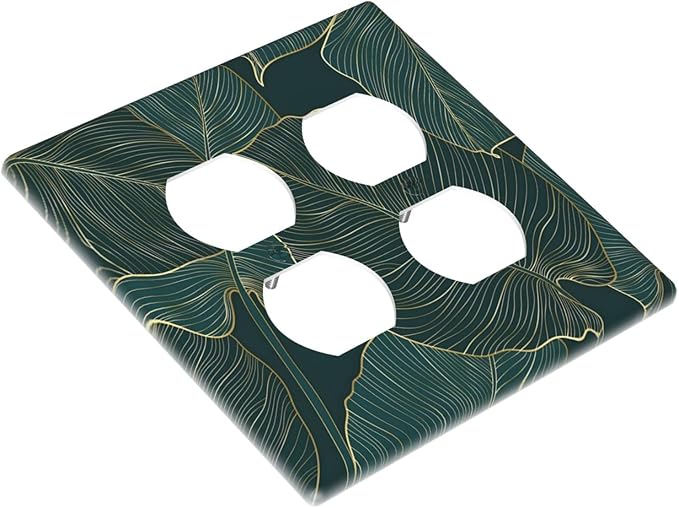 Gold Tropical Green Botanical Palm Leaves Outlet Covers 2 Gang Double Duplex Decorative Light Switch Covers Electrical Wallplates Socket Faceplate for Bedroom Living Room Decor