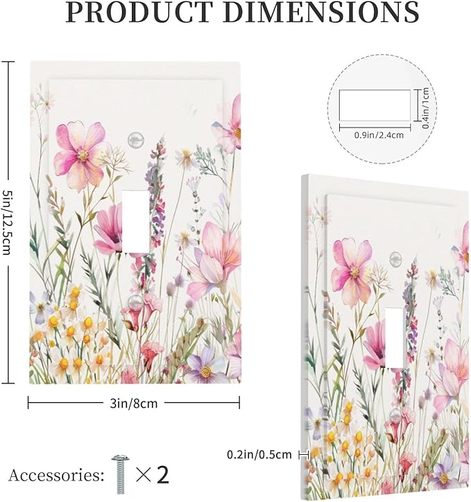 Pink Floral Wild Flowers Watercolor Plants Decorative Light Switch Cover 1 Gang Single Toggle Device Electrical Faceplate Switchplates Decorator Outlet Wall Plate for Bedroom Living Room Decor