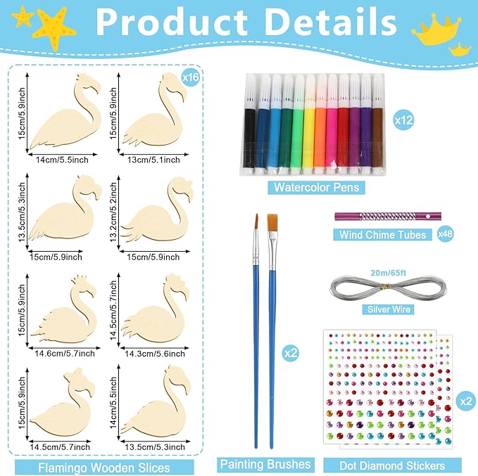 gisgfim 16 Pack Flamingo Wind Chime Kits Flamingo Crafts for Kids Make Your Own Summer Wind Chime Wooden DIY Arts and Crafts for Hawaii Summer Party School Classroom Decor Supplies Birthday Favors