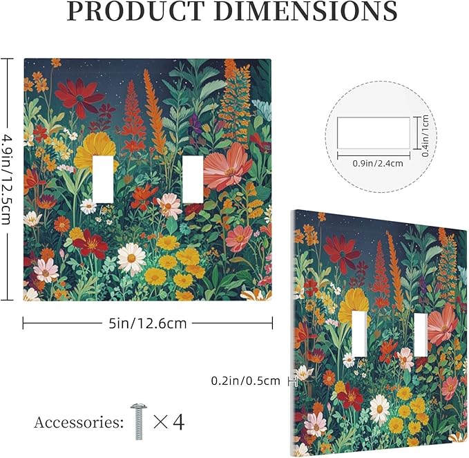 Decorative Switch Plate Cover with Wildflowers & Stars Botanical Floral Art Design 2 Gang Wall Plate Unique Double Toggle Double Light Switch Covers for Garden Theme Wall Decor