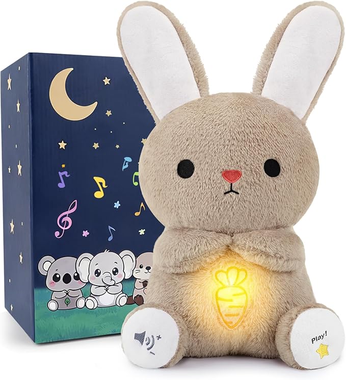 BRICHOEE Breathing Stuffed Animal, Soothing Bunny Stuffed Animal with Moving Ears, Breathing Motion, Calming Sound and Light for Baby Sleep Companion Plush Toy Easter Gifts for Kids Adults Newborns