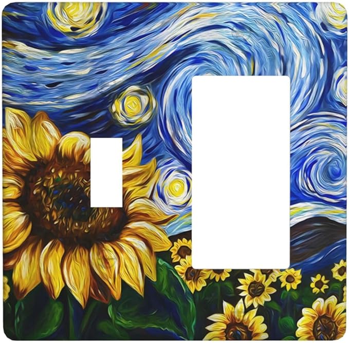 Vintage Abstract Blue Starry Sunflower 2 Gang Single Toggle Rocker Combination Light Switch Covers Wall Plate Cover Electrical Faceplate Decorative Switchplate for Farmhouse Country Bedroom Decor