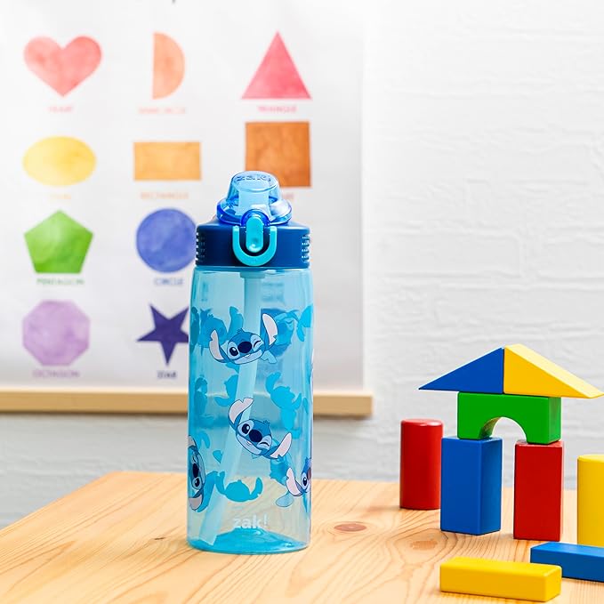 Zak Designs Disney Sage Water Bottle For School or Travel, 25oz Durable Plastic Water Bottle With Straw, Handle, and Leak-Proof, Pop-Up Spout Cover (Stitch)