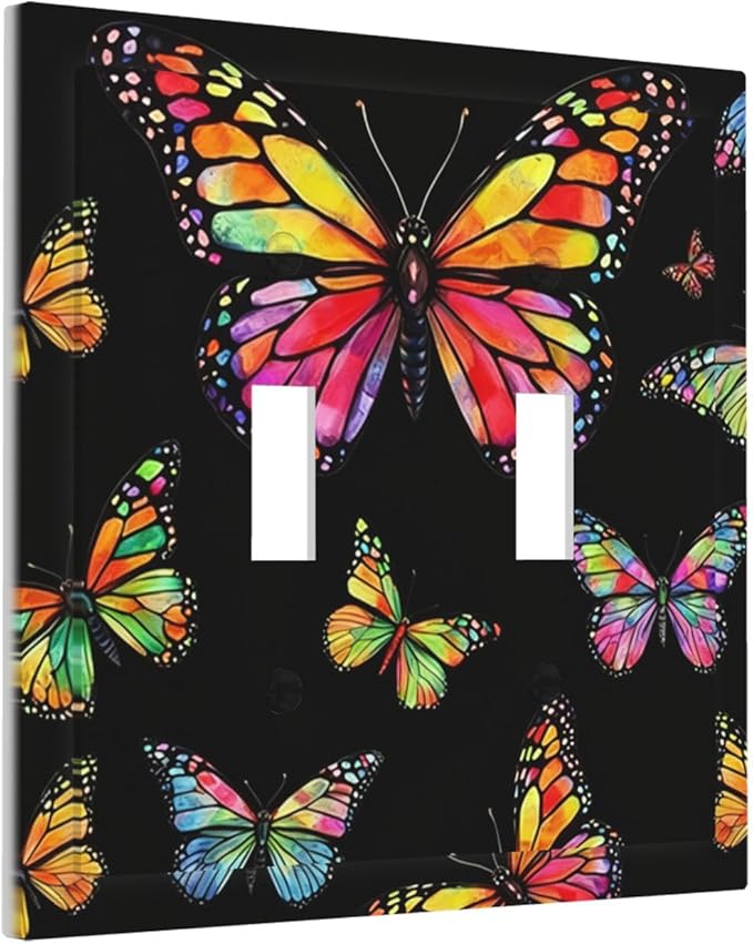 Vibrant Rainbow Butterflies on Black Double Toggle Switch Cover - 2-Gang Standard US Size Enchanted Garden Butterfly Light Switch Covers for Bedroom Decor