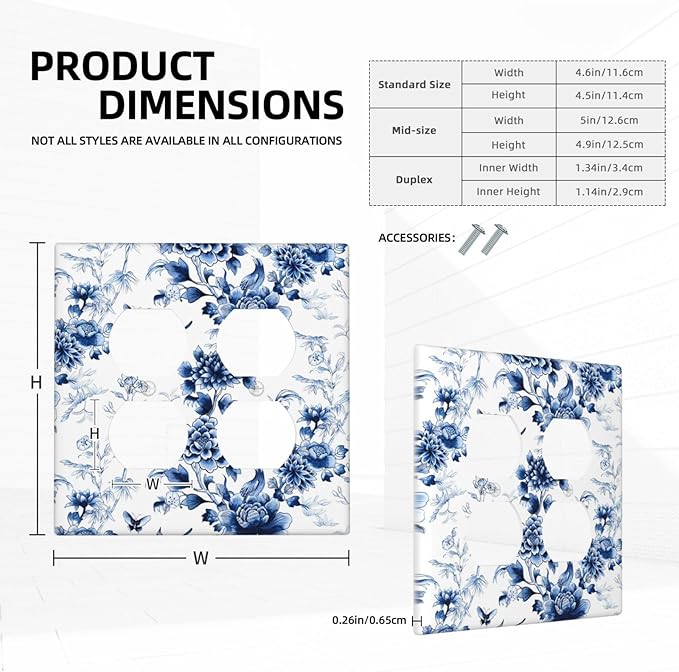 Blue Flower White Floral Plant Bird Butterfly Outlet Covers 2 Gang Double Duplex Decorative Light Switch Covers Electrical Wallplates Socket Faceplate for Bedroom Living Room Decor