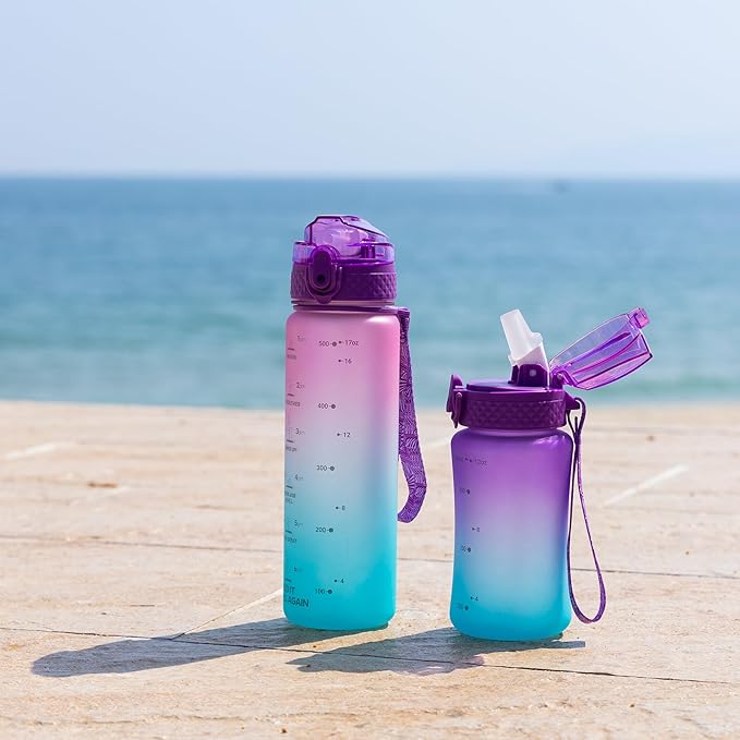 OLDLEY Kids Water Bottle for School, 12 oz (2 lids) BPA-Free Reusable Leak-proof Durable Tritan Plastic Water Bottles with Straw & Chug Lids, Anti-dust Spout Cover (Macaroon)