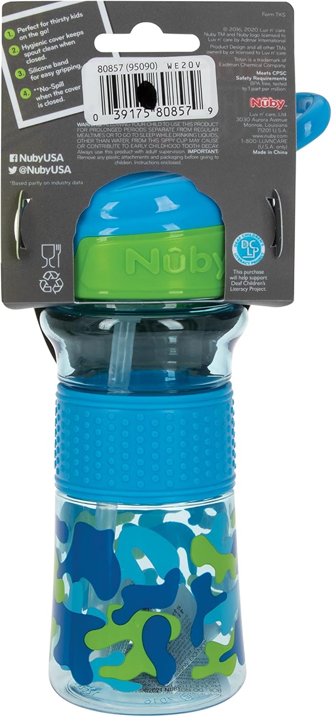 Nuby Thirsty Kids Flip-It No-Spill Toddler Sippy Cup with Soft Spout - 12 oz - 18+ Months - Aqua Camo - Back to School Essentials