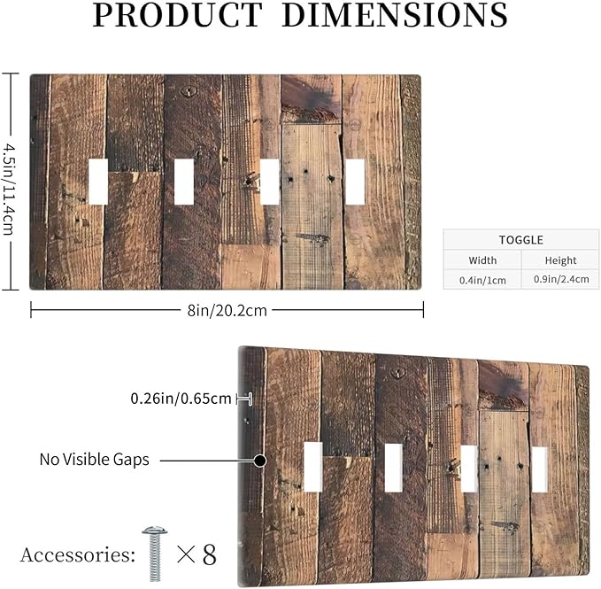 Rustic Brown Wood Plank Vintage Country Wooden Board Light Switch Covers Quad Toggle Electrical Faceplate 4 Gang Wall Plate Decorative Switch Plates for Farmhouse Home Decor
