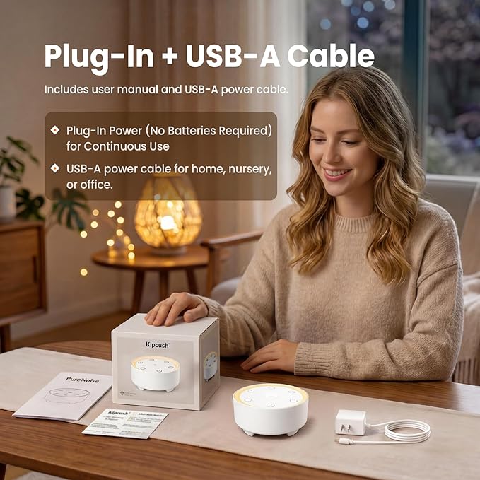 Kipcush White Noise Machine - 21 Soothing Non-Looping Sounds, Dimmable Night Light, & Blind-Touch Buttons | USB-Powered Portable Sleep Therapy for Babies, Adults, Office & Travel - White