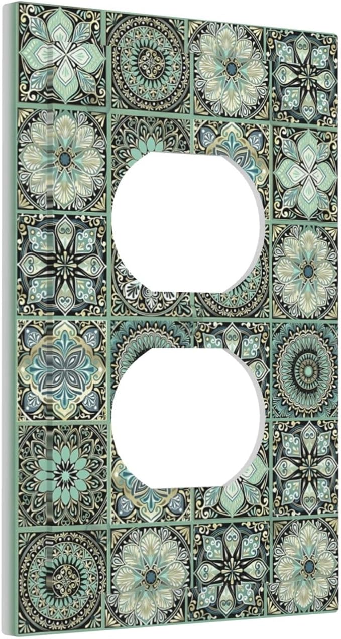 Moroccan Mandala Tile Floral Talavera Tiles Outlet Covers 1 Gang Duplex Light Switch Cover Decorative Switch Plates Electrical Receptacle Faceplate Wall Plate for Bathroom Kitchen Decor