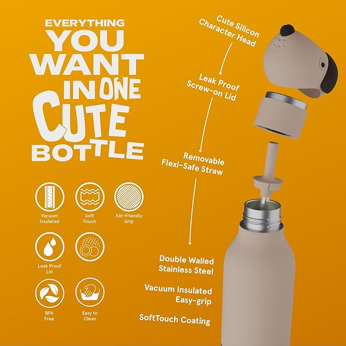 asobu Bestie Bottle Insulated Stainless Steel Water Bottle with Detachable Soft Animal Head Fun Drinking For Kids and Teens16 Ounce (Beige Dog)
