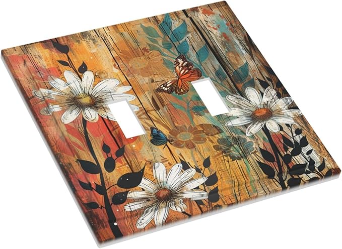 Light Switch Cover Plate Vintage Wooden Daisies Butterflies Floral 2 Gang Double Toggle Decorative Switch Plates Wall Plates Electrical Faceplate for Bathroom Farmhouse Decor