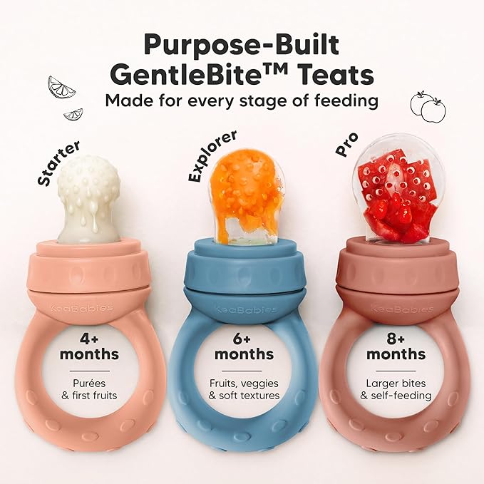 KeaBabies Baby Fruit Feeder 2pk - Silicone Baby Food Feeder for Babies 6-12 Months, Breast Milk Popsicle Teether, Weaning, Pacifier, Freeze Frozen Solid Food, Infant Feeding Essential (Sunset)