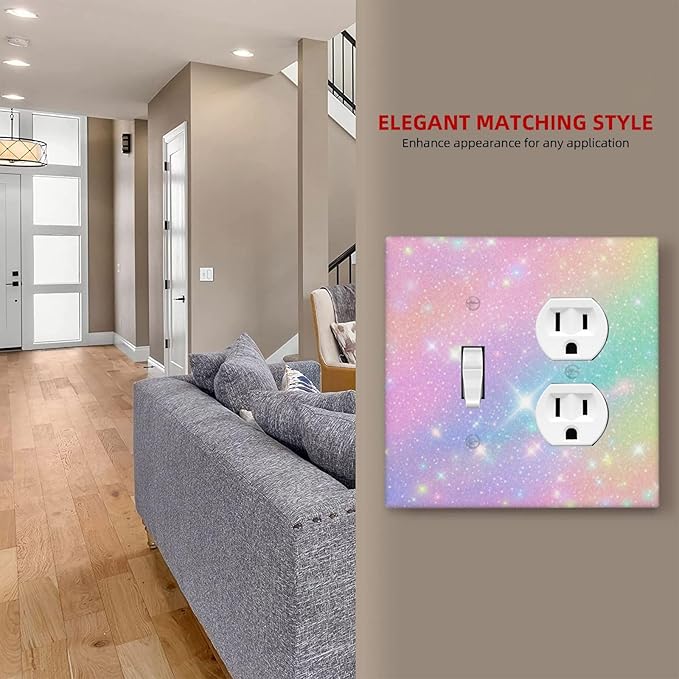 Decorative Light Switch Cover Plate Rainbow Shiny Gradient Colors 2 Gang Outlet Covers 1 Toggle 1 Duplex Wall Plate Decorate Electrical Switch Plate Covers for Kids Room Nursery Decor