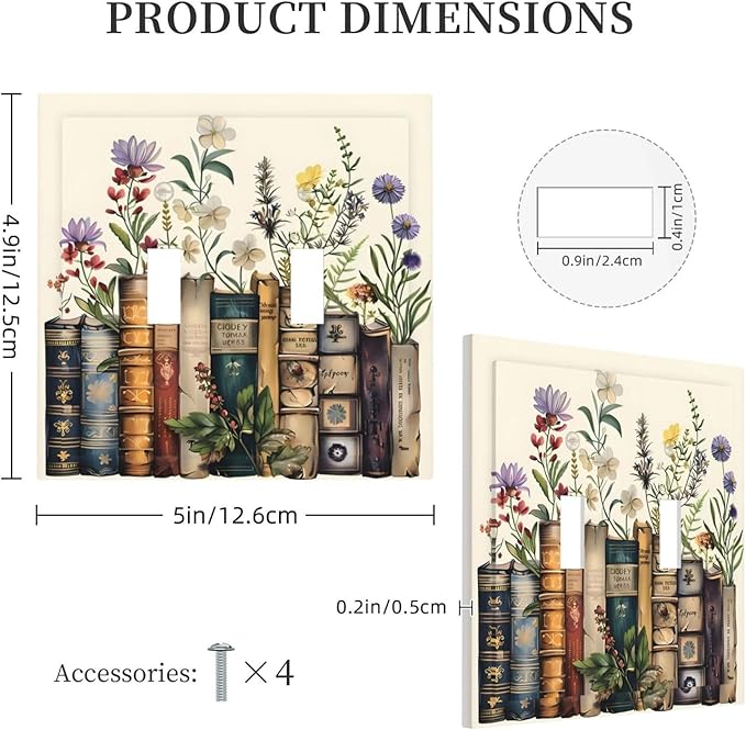 Plant Floral Books Colorful Flower Decorative Switch Plates 2 Gang Double Toggle Outlet Light Switch Cover Wall Plate Electrical Faceplate for Kids Room Bedroom Decor