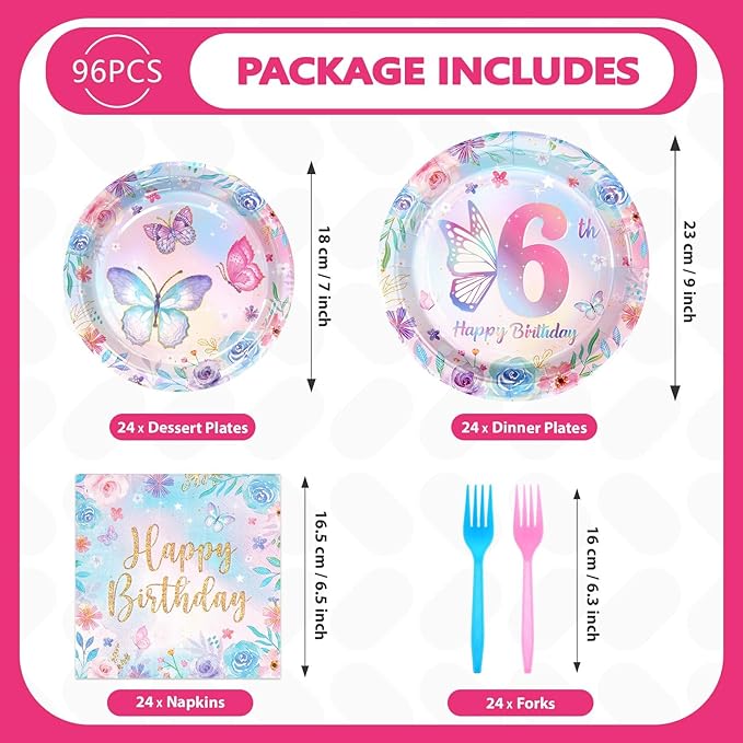 Grencian 96Pcs Butterfly 6th Birthday Party Decorations Butterflies Theme Disposable Sets for Girl Colorful Butterfly Plates, Napkins and Forks, 6 Years Old Birthday Party Supplies Serves 24