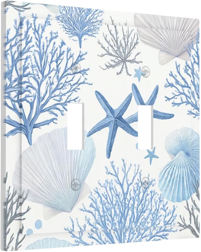 Coastal Blue Coral & Starfish Double Toggle Switch Cover - 2-Gang Standard US Size Watercolor Ocean Treasures Light Switch Covers, Serene Underwater Garden for Beach House Decor
