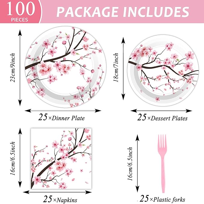 Qyeahkj 100 PCS Cherry Blossom Party Supplies Set Cherry Blossom Plates and Napkins Japanese Disposable Paper Party Tableware Forks Packs Decorations for Hibachi Spring Birthday Decoration Serve 25
